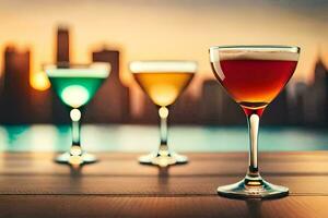 three different colored drinks in glasses on a table. AI-Generated photo