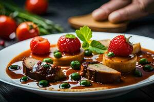 a plate of food with meat, potatoes and strawberries. AI-Generated photo