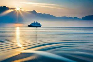 un barco en el Oceano a puesta de sol con montañas en el antecedentes. generado por ai foto