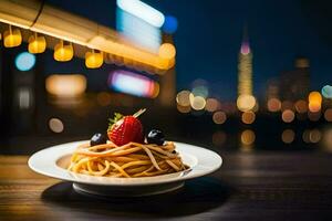 a plate of spaghetti with a strawberry and a cityscape in the background. AI-Generated photo