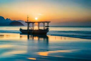 un barco se sienta en el playa a puesta de sol. generado por ai foto