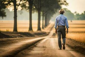 a man walking down a dirt road in the middle of a field. AI-Generated photo