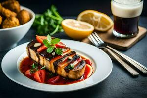 a plate of food with a grilled fish and tomatoes. AI-Generated photo