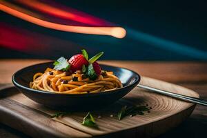 a plate of pasta with a red sauce and a red light. AI-Generated photo
