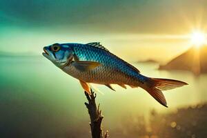 a fish is sitting on a branch in front of the sun. AI-Generated photo