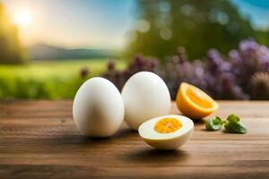 three eggs and an orange on a wooden table. AI-Generated photo