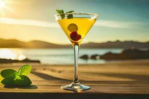 a cocktail with a cherry on top sits on a table in front of the ocean. AI-Generated photo