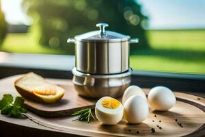 a stainless steel pot with eggs and bread on a table. AI-Generated photo