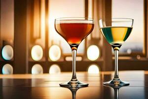 two glasses of different colored drinks on a table. AI-Generated photo
