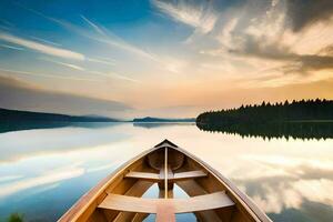 a canoe is floating on a lake at sunset. AI-Generated photo