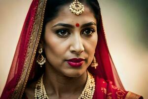 a beautiful indian woman wearing a red sari. AI-Generated photo