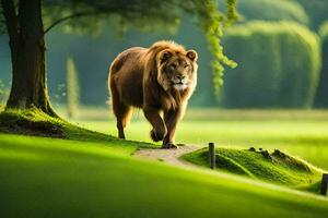 un león camina en un camino en un verde campo. generado por ai foto