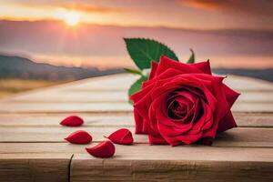 red rose on a wooden table with sunset in the background. AI-Generated photo