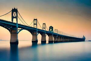 a long bridge spanning across the water at sunset. AI-Generated photo