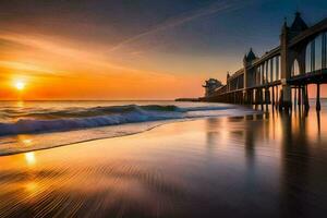 el Dom conjuntos terminado el Oceano y muelle. generado por ai foto