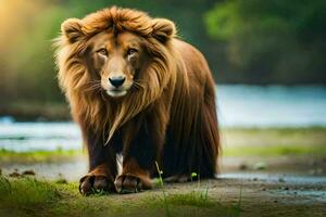 un león caminando a lo largo el apuntalar de un río. generado por ai foto