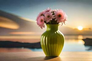 a green vase with pink flowers sitting on a table. AI-Generated photo