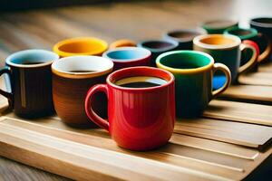 un fila de café tazas en un de madera bandeja. generado por ai foto