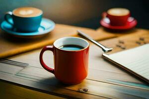 café y un cuaderno en un de madera mesa. generado por ai foto