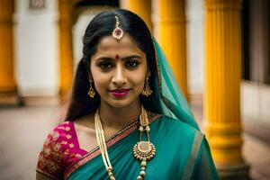 a beautiful indian woman wearing a sari and jewelry. AI-Generated photo