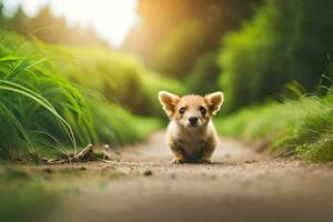 un pequeño perro es caminando en un suciedad la carretera. generado por ai foto