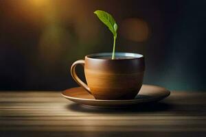 a green plant sprouts from a cup of coffee. AI-Generated photo