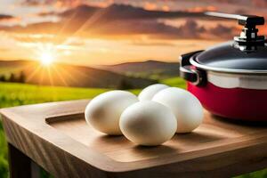 huevos en un mesa con un pan y un maceta. generado por ai foto