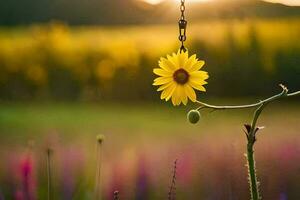 a yellow sunflower hanging from a chain in a field. AI-Generated photo