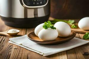 eggs on a wooden plate next to an instant pot. AI-Generated photo