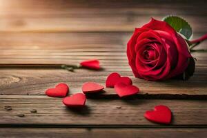 red rose on a wooden table with hearts. AI-Generated photo