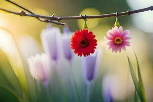 two flowers hanging from a branch with a sun shining through the leaves. AI-Generated photo