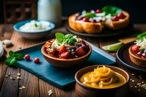 bowls of food with toppings on a wooden table. AI-Generated photo