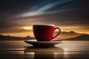 a red cup sits on a saucer with a mountain in the background. AI-Generated photo