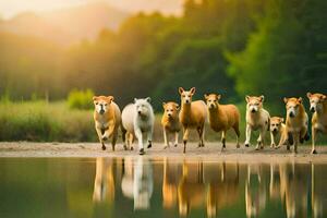 un manada de perros corriendo a través de un río. generado por ai foto