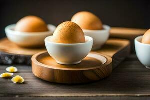 eggs in a cup on a wooden cutting board. AI-Generated photo