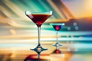 two martinis are sitting on a table with a blurred background. AI-Generated photo