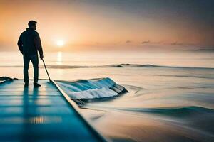 a man standing on a dock looking at the ocean at sunset. AI-Generated photo