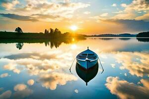 a boat is floating on a calm lake at sunset. AI-Generated photo