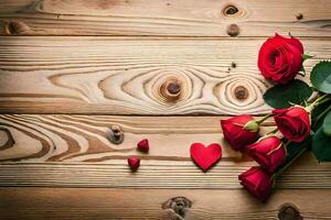 red roses on a wooden background. AI-Generated photo