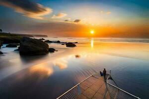 un hombre y mujer estar en un muelle a puesta de sol. generado por ai foto