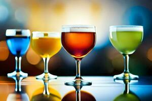 four glasses of different colored drinks are lined up. AI-Generated photo