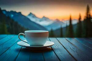 coffee cup on the table in the mountains. AI-Generated photo