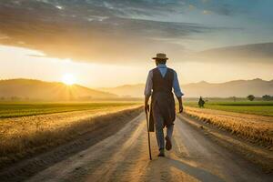 un hombre caminando abajo un suciedad la carretera con un caña. generado por ai foto