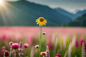 un campo de flores silvestres con montañas en el antecedentes. generado por ai foto