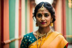 un hermosa indio mujer vistiendo un sari y oro joyas. generado por ai foto