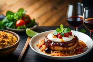 a plate of spaghetti with meat and sauce on a wooden table. AI-Generated photo