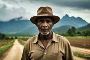 a man in a hat standing in a dirt road. AI-Generated photo