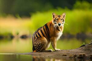 a tiger sitting on the edge of a river. AI-Generated photo
