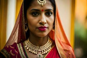 a beautiful indian woman wearing a sari and jewelry. AI-Generated photo