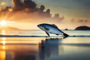 un pescado es saltando fuera de el agua a puesta de sol. generado por ai foto